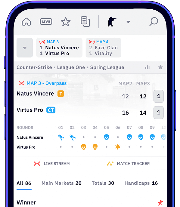 Pantalla de celular con sportsbook en vivo: cuotas, mercados y marcador de un partido para apostar en el Mundial desde el móvil