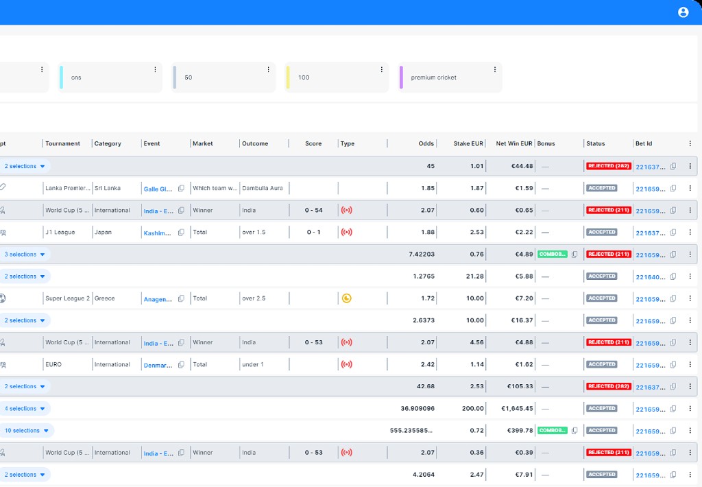 Historial de apuestas deportivas en tabla: torneos, cuotas, stake en euros y estados aceptado o rechazado en el sportsbook
