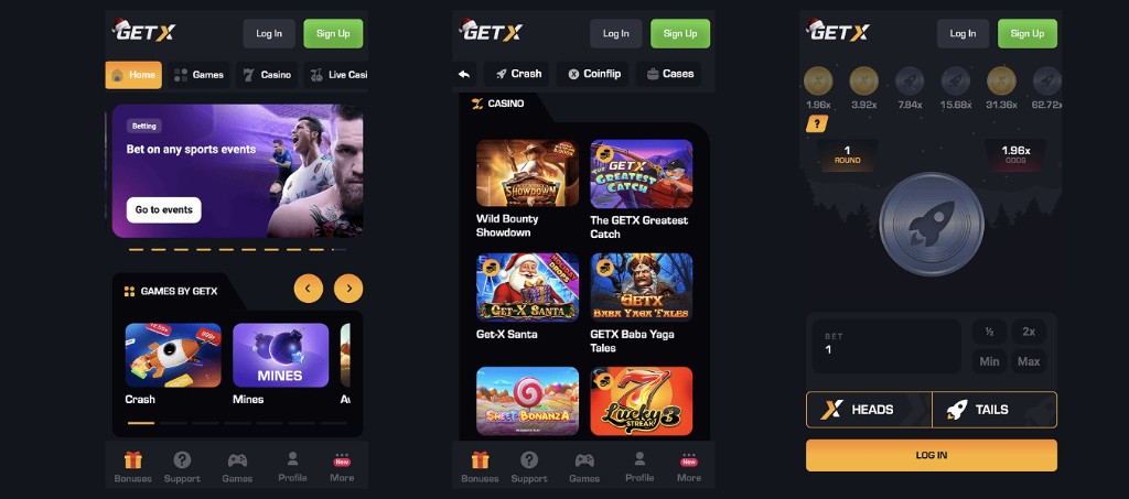 Tres pantallas de la app GetX en Android: inicio con deportes y casino, catálogo de juegos y interfaz de apuestas en vivo